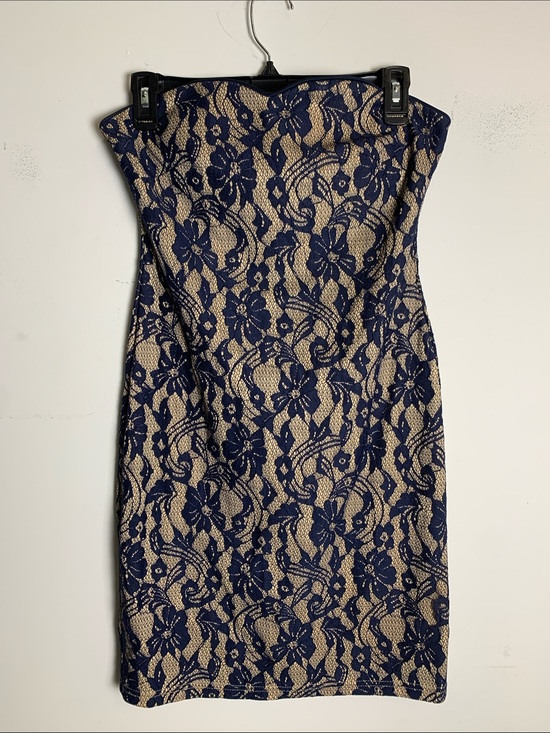 Graffith Dresses & Skirts - Graffith Strapless Navy Lace over Beige Sheath Dress
